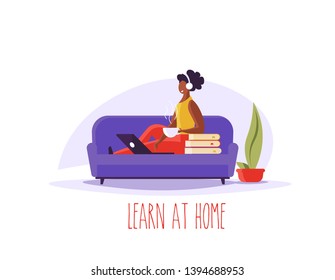 Concept of distance education, online learning, web education and languages courses. People learning language distance with books, coffee and notebook.  Vector illustration in cartoon flat design
