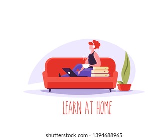 Concept of distance education, online learning, web education and languages courses. People learning language distance with books, coffee and notebook.  Vector illustration in cartoon flat design