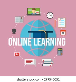 Concept for distance education, online learning for web banners and print materials. Flat design vector illustration.