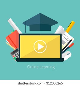 Concept For Distance Education, Online Learning For Web Banners And Print Materials. Flat Design Colorful Vector Illustration. 