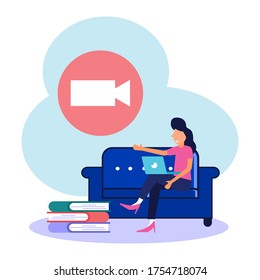 The concept of distance education. A student studying at home with her laptop available books and a computer in the background. Online learning, webinar, video training. Modern vector illustration.