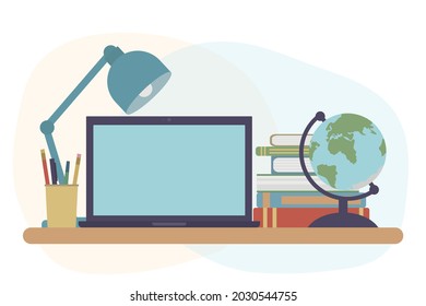 Concept of distance education, workplace of student or pupil. Laptop and books and globe, lump, pen and pencil. Vector illustration.