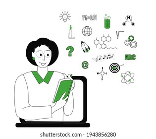 The concept of distance learning. Communication with the teacher on the Internet, online training at home. Laptop, chat with a teacher, webcast.  Black linear vector illustration on a white background
