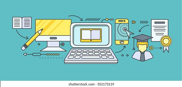 Concept of distance learning and education. Online tutorial and video course, research and graduation, science and webinar, digital elearning, test and literature. Set of thin, lines flat icons