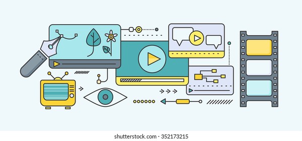 Concept of distance learning and education. Online tutorial and video course, research and graduation, science and webinar, digital elearning, test and literature. Set of thin, lines flat icons