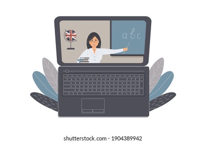 The concept of distance learning, e-learning or online training during the virus epidemic.Laptop with open Internet page with cute english teacher and books. For ad online language schools.Vector