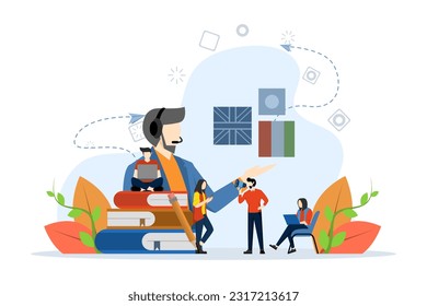 concepto de aprendizaje a distancia, aprendizaje en línea, elección del curso de idiomas, preparación de exámenes, escuela en el hogar, curso en línea de idiomas extranjeros. Ilustración creativa vectorial plana sobre fondo blanco.