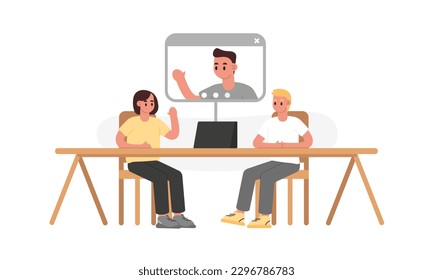Concept of distance meetings. Colleagues talking online with boss on tablet from office. Cartoon vector style illustration for videoconference, remote work, technology on white background