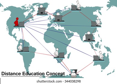 Concept of distance online and e-learning education. Tutor instructs members from different countries. Earth map background. American variant of teacher.