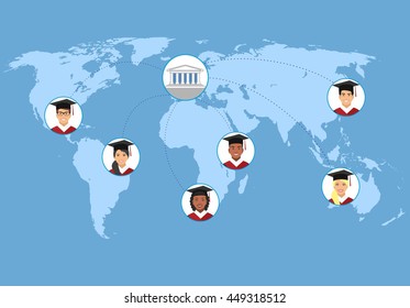 Concept of distance online and e-learning education. distance learning, flat vector illustration. illustration with smiling students and the university in the center. 