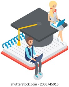 Concept of distance tutorials, studying course for university students. Young tiny girl sitting with laptop on graduation student hat and man working with e-learning platform, higher education online