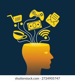 Conceito de distratibilidade - cabeça humana cheia de múltiplos pensamentos e estímulos. Metáfora visual por falta de foco, atenção dispersa, sobrecarga mental e dificuldade de concentração na vida diária.