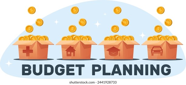 concept of distributing the family budget, collecting money for school, medicine, house and car