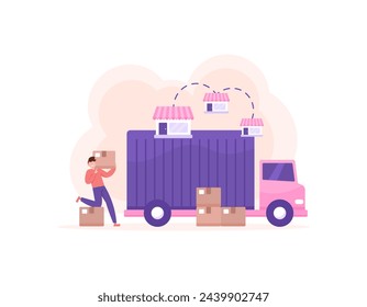 The concept of distributor and package courier. The cargo truck driver puts the package box or ordered goods into the truck. loading goods. shipping service. flat style illustration design. graphic