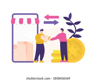 the concept of distributor and reseller, online shop, marketplace businesses or e-commerce. illustration of buyer and seller of buying and selling packages. mobile shop on smartphone. flat style