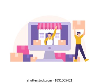 the concept of distributors and resellers, online shops, marketplace businesses or e-commerce. an illustration of a shop and a male waiter appeared on the computer monitor. package box. flat style