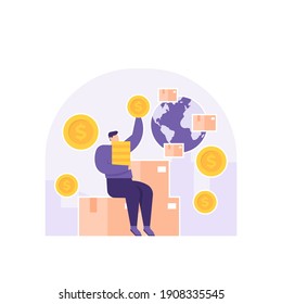 the concept of distributors and resellers, online shops, marketplace or e-commerce businesses. illustration of a man sending packages around the world to earn money. delivery service vector. flat