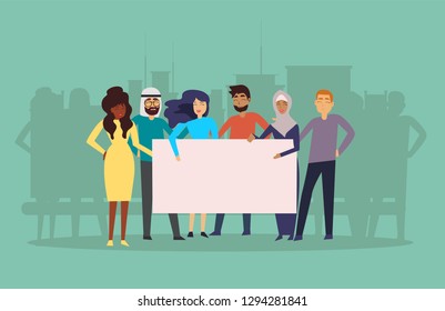 Concept diverse friend group from different cultures hugging together for social equality. Gray background with big city. Vector illustration.