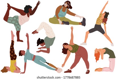 The concept of diverse women doing yoga, gymnastics, stretching at home or in the gym. People of different physique, physical capabilities, appearance. Every person is an athlete. Vector flat cartoon.