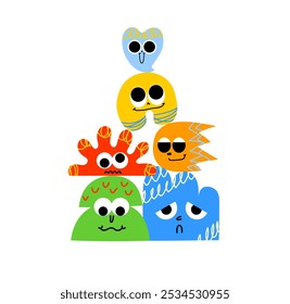 Concept of diversity, body positive, diverse cultures, cultural diversity, racial equality, anti-racism. Funny cartoon characters in trendy retro style and different geometric shapes.