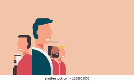 concept of diversity young man, multicultural group of male in casual outfits, friendship, cultural, unity, banner, poster, cartoon flat vector illustration design