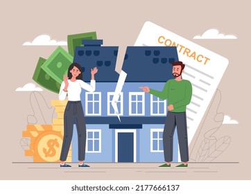 Concept of divorce. Man and woman part and share their jointly acquired property. Former spouses claim house and real estate. Scandals and conflicts, dispute. Cartoon flat vector illustration