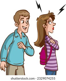 Concept of divorce, misunderstanding in family. Angry man and offended woman standing separately from each other. Relationship break up, crisis. Vector illustration in flat cartoon style.