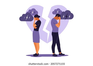 Concept of divorce, misunderstanding in family. Disagreement, relationship troubles. Man and woman in a quarrel. Conflicts between husband and wife. Vector. Flat