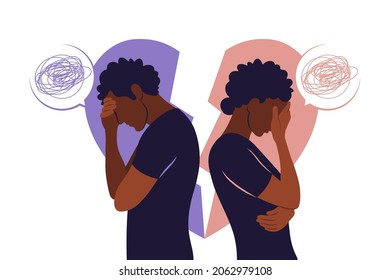 Concept of divorce, misunderstanding in family. Disagreement, relationship troubles. African couple in a quarrel. Conflicts between husband and wife. Vector. Flat