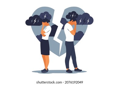 Concept of divorce, misunderstanding in family. Disagreement, relationship troubles. Man and woman in a quarrel. Conflicts between husband and wife. Vector. Flat