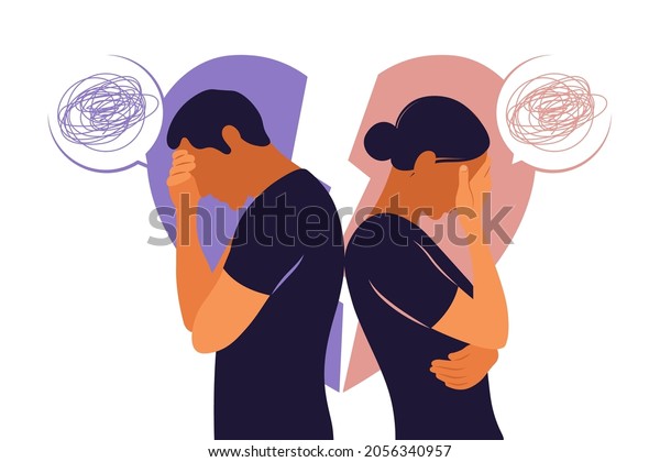 Concept of divorce, misunderstanding\
in family. Disagreement, relationship troubles. Man and woman in a\
quarrel. Conflicts between husband and wife. Vector.\
Flat