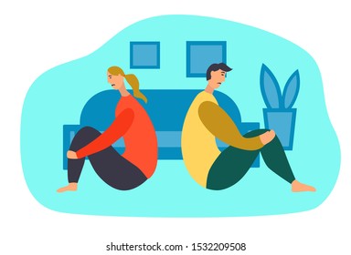 The concept of divorce. Sad man and woman in a quarrel sitting on the floor. Vector flat illustration.