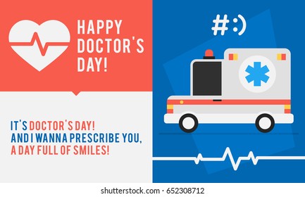 Concept Doctors Day Ambulance Car and Congratulations. Vector Illustration. Set Object.