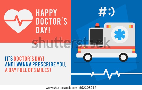 Concept Doctors Day Ambulance Car and\
Congratulations. Vector Illustration. Set\
Object.