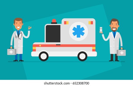Concept Doctors Day Two Doctors and Ambulance Car. Vector Illustration. People Character.