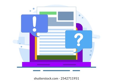 Concepto Archivo de documento Documento de colaboración comentario de revisión. signo de interrogación y signo de exclamación discusión sobre la escritura de contenido de texto Clipart de Imagen. icono de ilustración Vector gráfico plano.