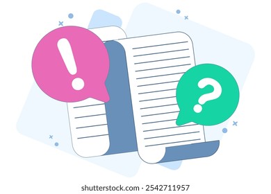 Concept Document file paper collaboration review comment. question mark and exclamation mark discussion about writing text content image clipart. illustration icon vector graphic flat.