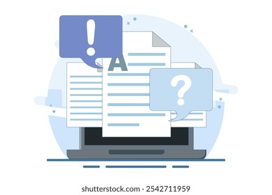 Concept Document file paper collaboration review comment. question mark and exclamation mark discussion about writing text content image clipart. illustration icon vector graphic flat.