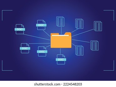 Concept : Document management system , folder and document icon software, searching and managing files online document database, for efficient archiving 