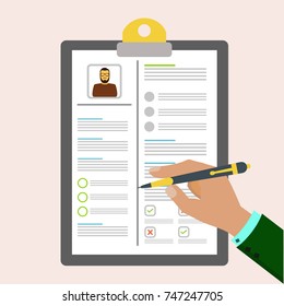 The concept of the document - resume. Writing or reading a resume, customer cards. Modern cartoon vector illustration in a flat style isolated on white background. 
