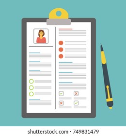 The concept of the document - resume. Writing or reading a resume, customer cards. Modern cartoon vector illustration in a flat style isolated on white background. 
