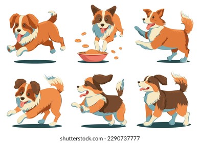 Perros conceptuales. Este diseño de caricatura plana muestra un conjunto de perros adorables con un fondo blanco limpio. Ilustración vectorial.