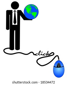 concept of doing e-business internationally - business man holding globe connected to computer mouse