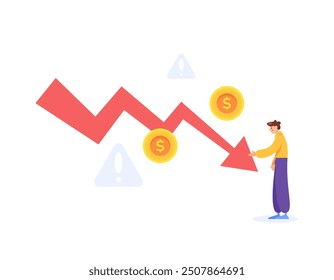 concept of dollar currency value decreasing. dollar value weakening. illustration of a sad man because of dollar depreciation. problems, finance and economy. flat style design. graphic elements