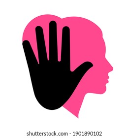 Concept of domestic violence - silhouette of a woman's head and hand in stop gesture. Vector illustration on a white background.