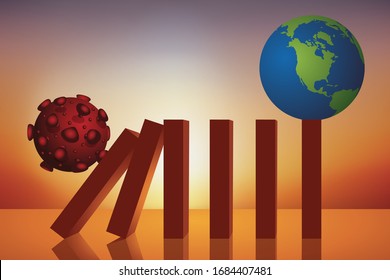 Concept of the domino effect with the coronavirus which endangers the international trading system by causing the stock markets to collapse.