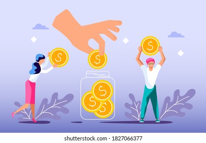 Concept of donating to charity and volunteering. Tiny people collect coins to make donate.  Flat Art Vector Illustration