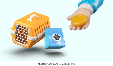 Concept of donating to homeless animal fund. Realistic hand holds coin near carrier