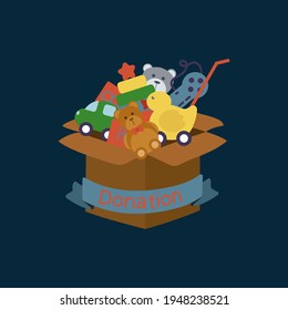 The concept of donating toys. A box of toys to give to those in need. Isolated vector children's objects o for games. Pyramid, Bear, Duck, Car, Rattles, Balls. Vector illustration