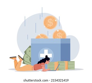 Concept Of Donation. Girl Lies Next To Box Of Coins. Charity And Caring For Weak. Foundation Raises Funds, Aid And Support. Advertising Poster Or Banner For Website. Cartoon Flat Vector Illustration